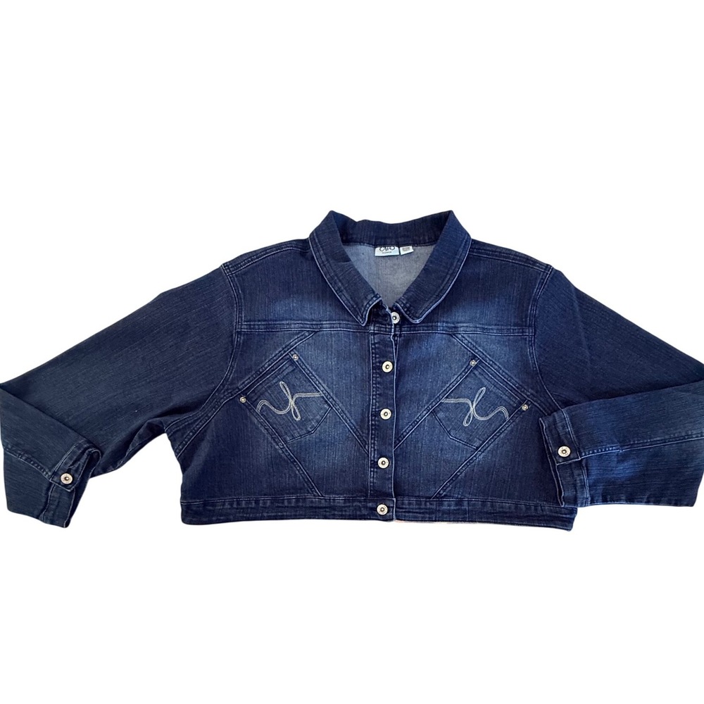 CATO Woman 22/24 Denim Crop Jacket Dark Blue Jean Embellished Button up Trucker